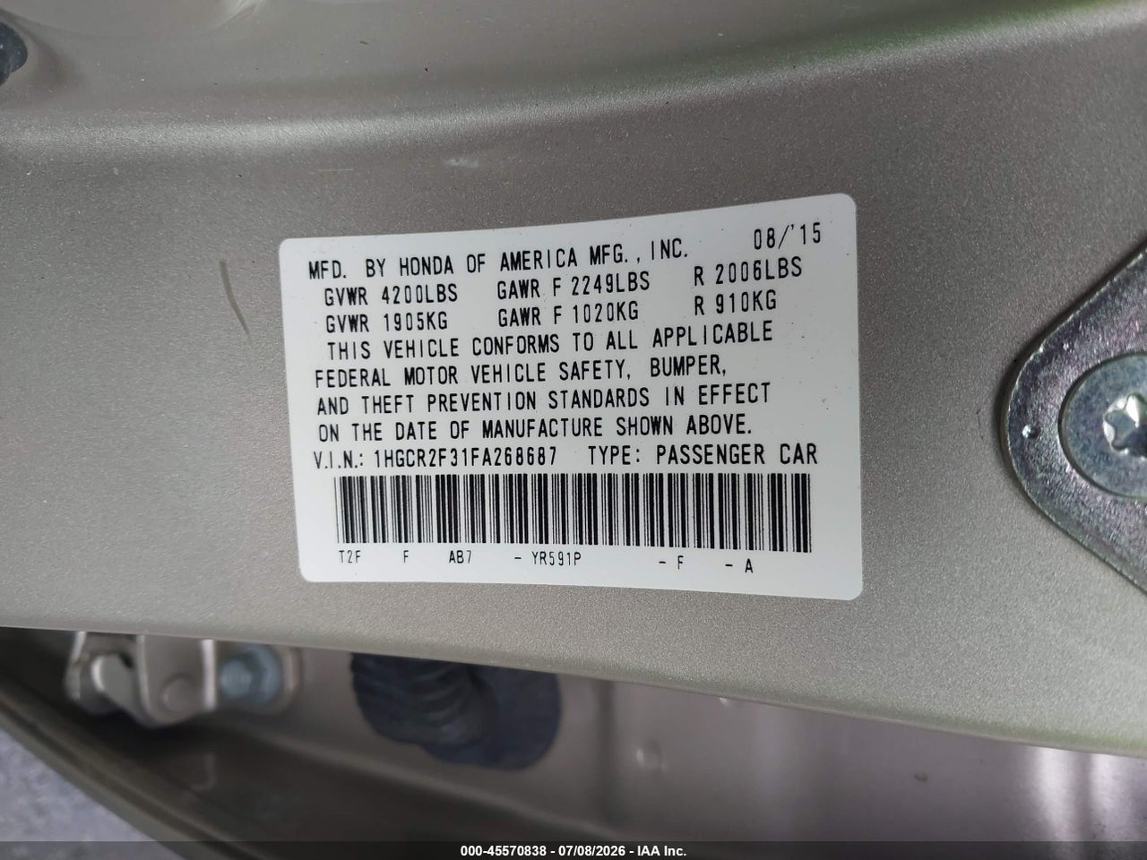 2015 HONDA ACCORD LX thumbnail 10