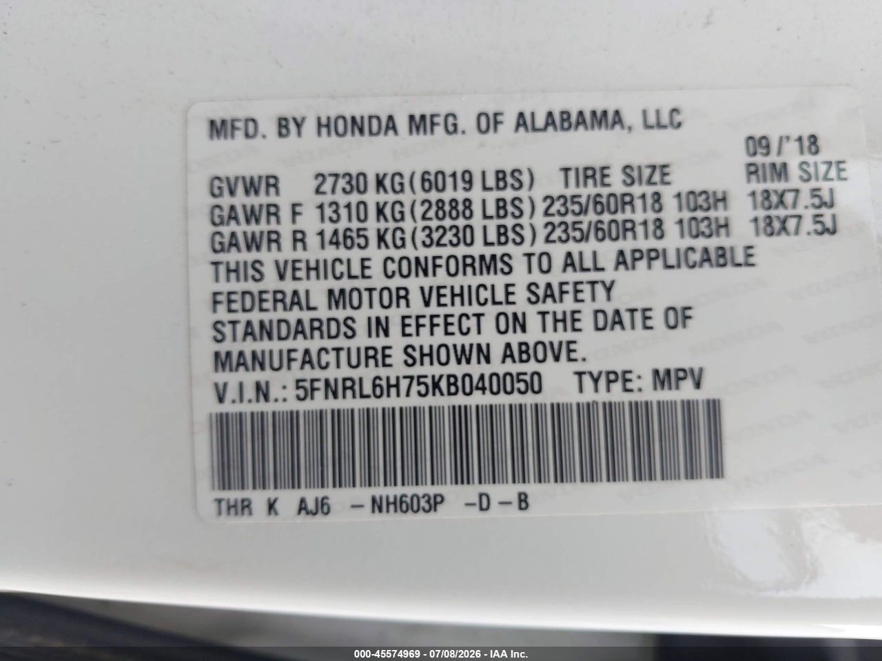2019 HONDA ODYSSEY EX-L thumbnail 10