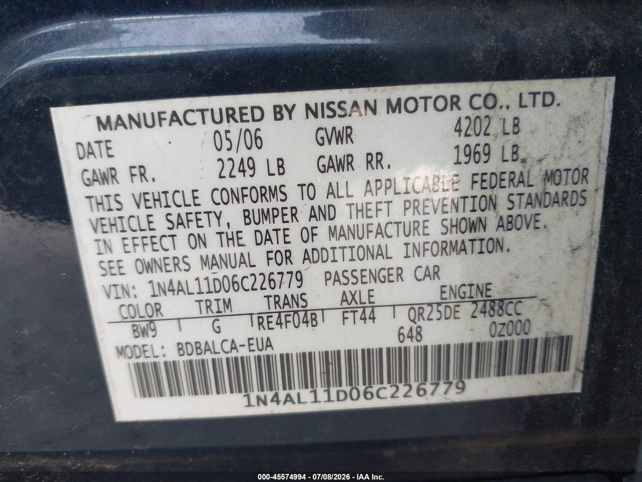 2006 NISSAN ALTIMA 2.5 S thumbnail 10