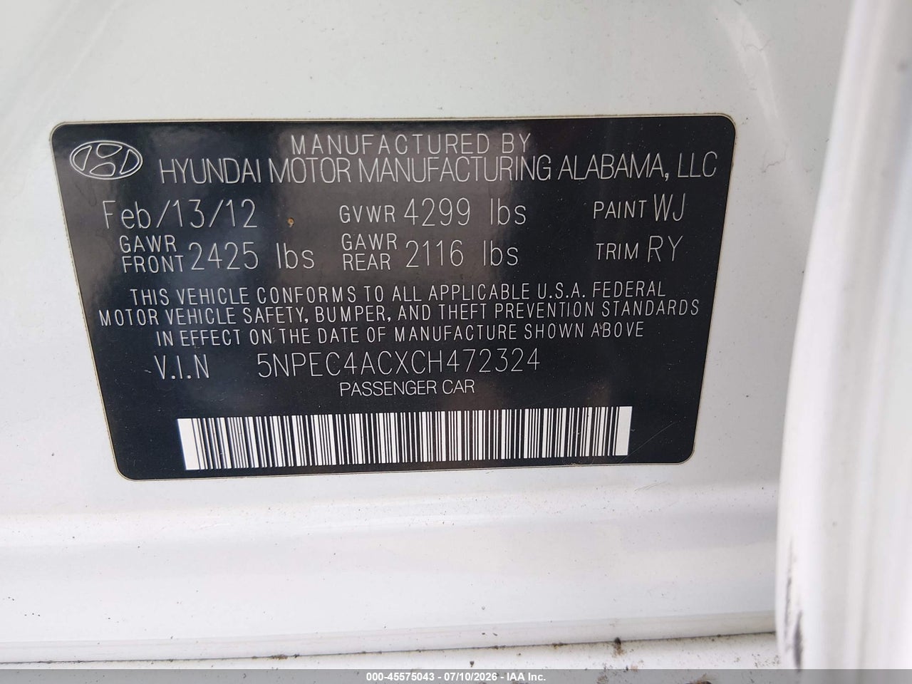 2012 HYUNDAI SONATA LIMITED thumbnail 10