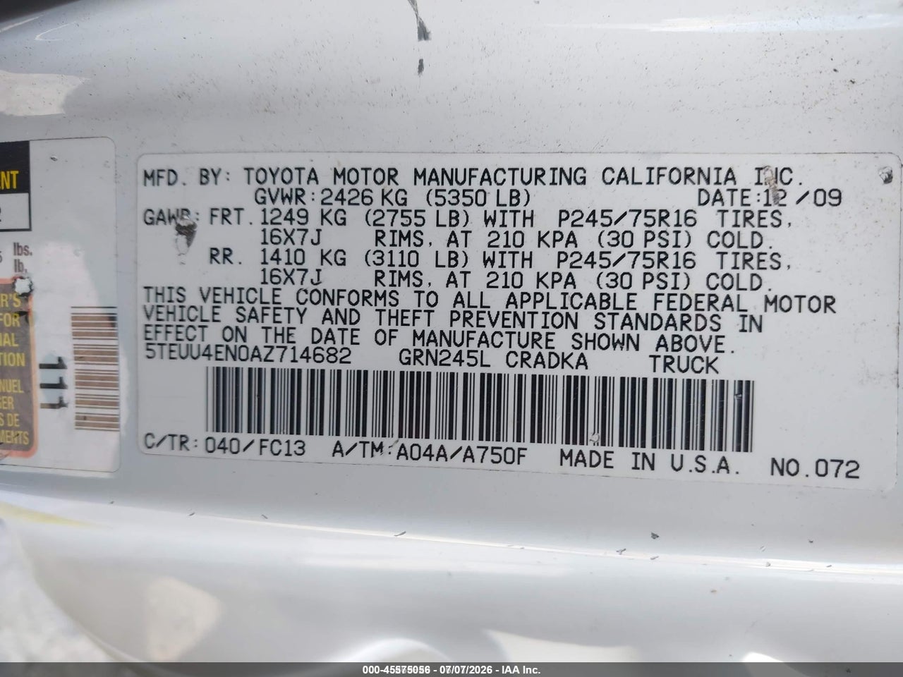 2010 TOYOTA TACOMA BASE V6 thumbnail 10
