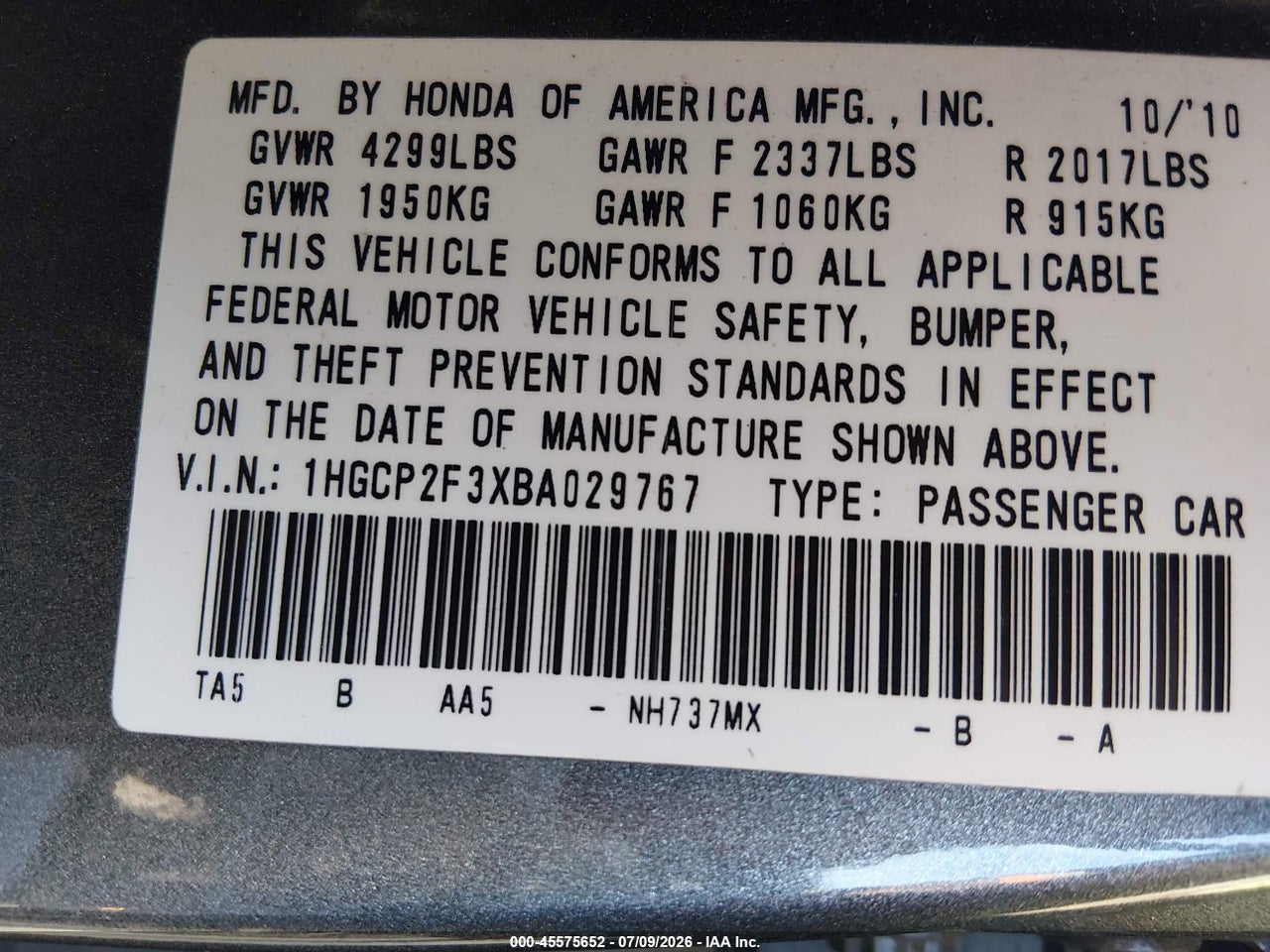 2011 HONDA ACCORD 2.4 LX thumbnail 10