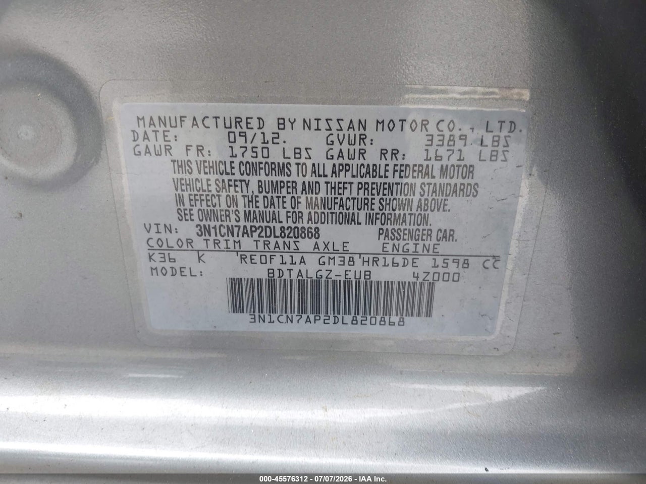 2013 NISSAN VERSA 1.6 SL thumbnail 10