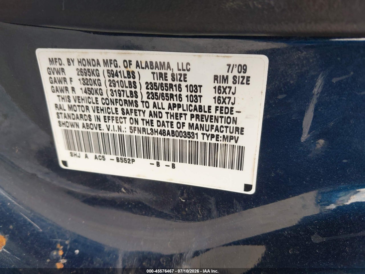 2010 HONDA ODYSSEY EX thumbnail 10