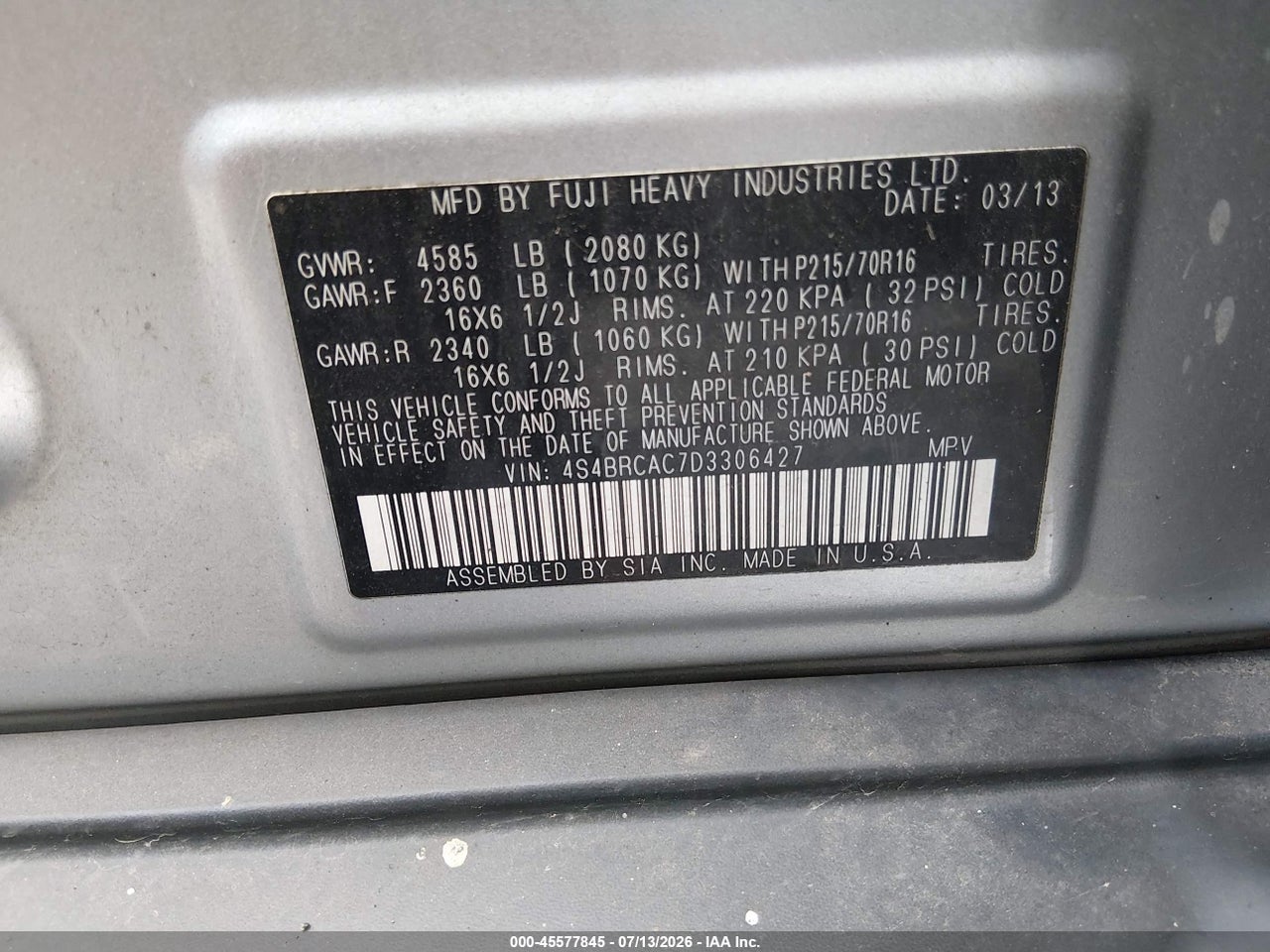 2013 SUBARU OUTBACK 2.5I thumbnail 10