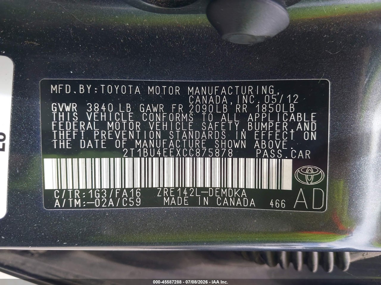 2012 TOYOTA COROLLA L thumbnail 10