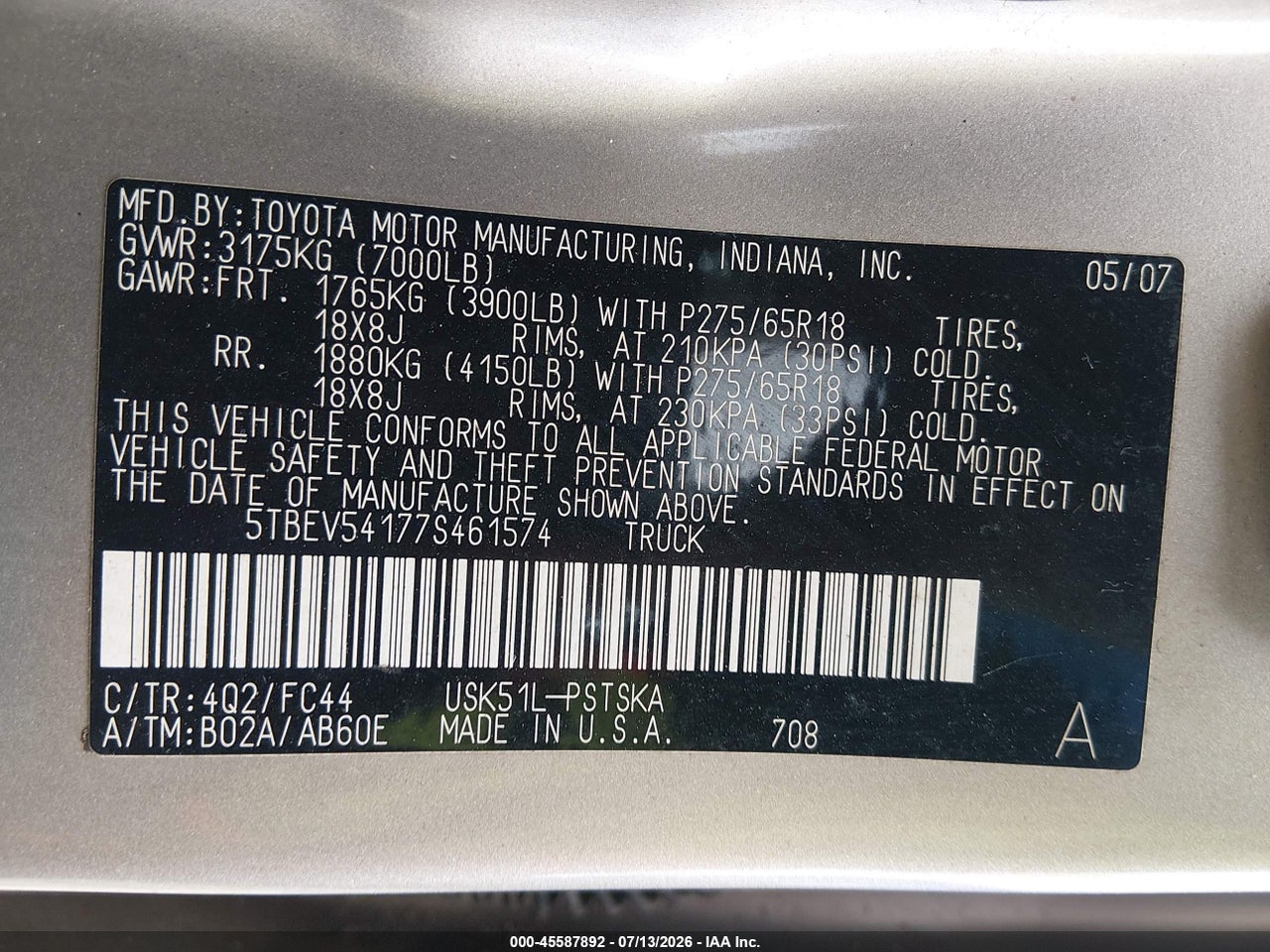 2007 TOYOTA TUNDRA SR5 5.7L V8 thumbnail 10