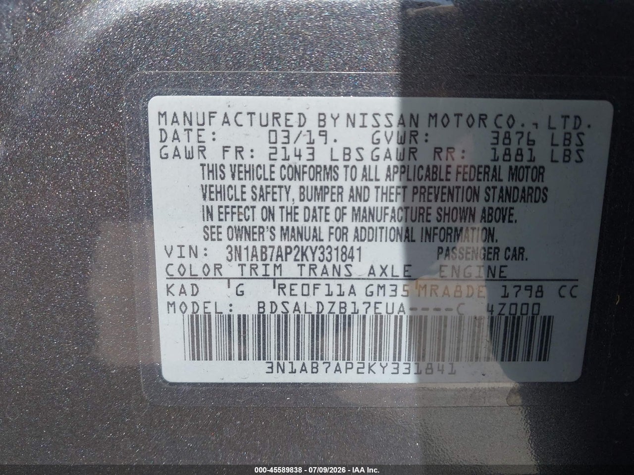 2019 NISSAN SENTRA SV thumbnail 10