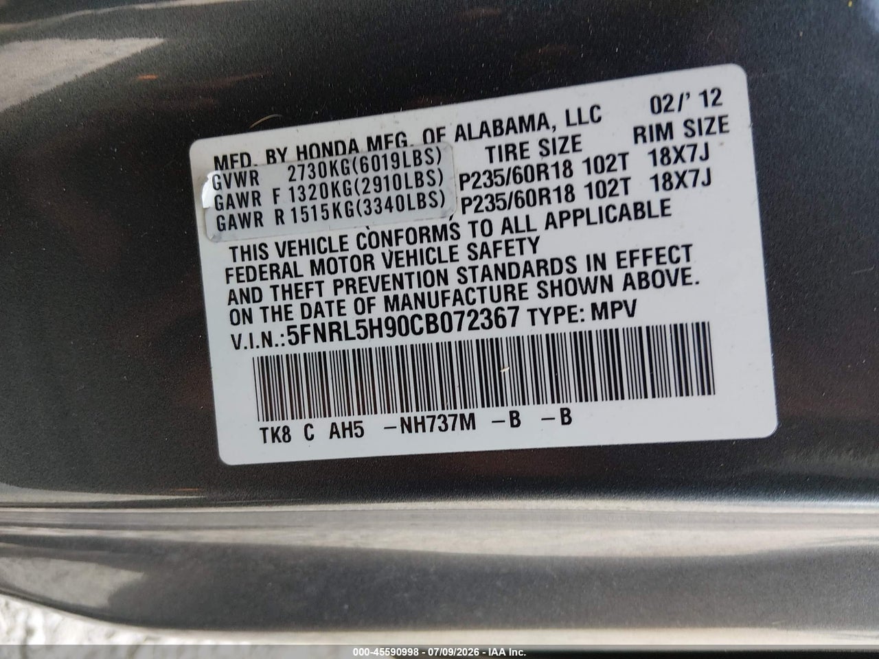 2012 HONDA ODYSSEY TOURING/TOURING ELITE thumbnail 10