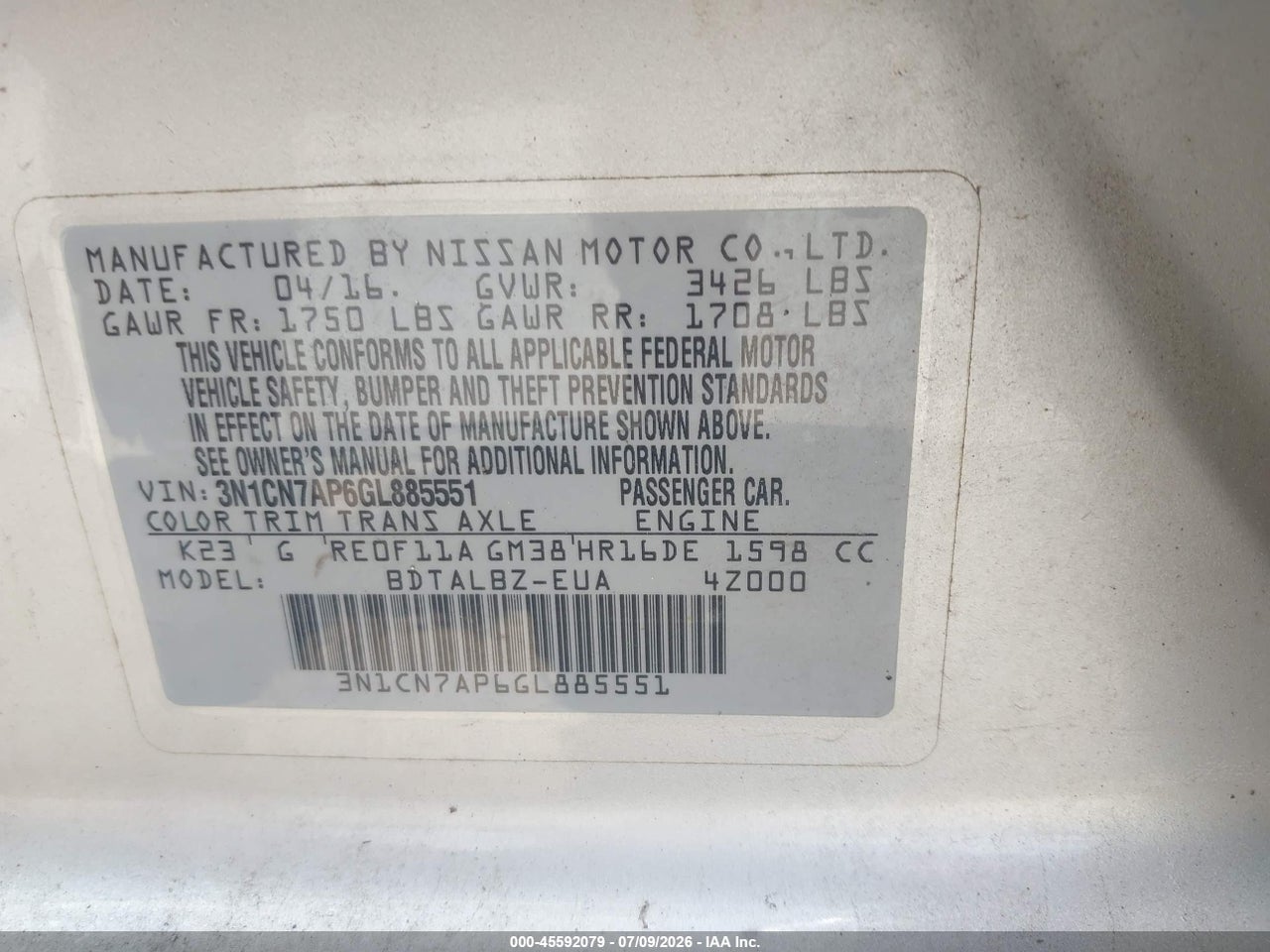 2016 NISSAN VERSA 1.6 SV thumbnail 10