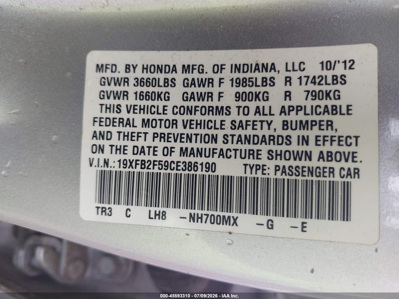 2012 HONDA CIVIC LX thumbnail 10