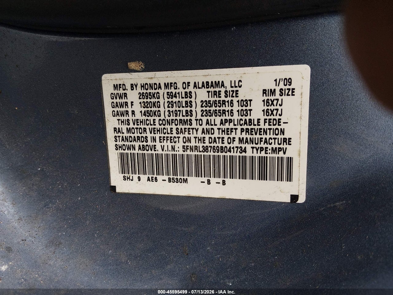 2009 HONDA ODYSSEY EX-L thumbnail 10