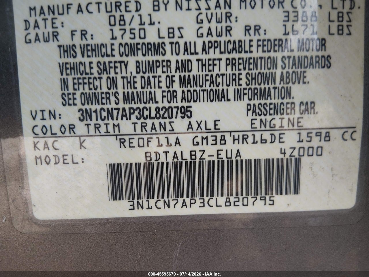 2012 NISSAN VERSA 1.6 SV thumbnail 10