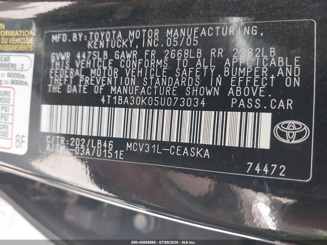 2005 TOYOTA CAMRY SE V6 thumbnail 10