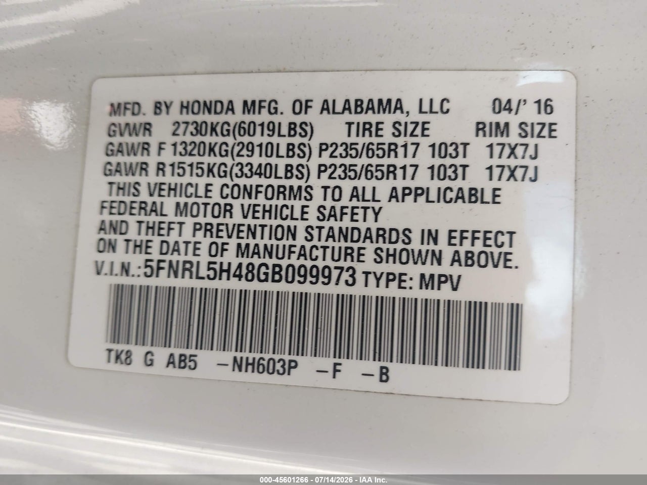 2016 HONDA ODYSSEY EX thumbnail 10
