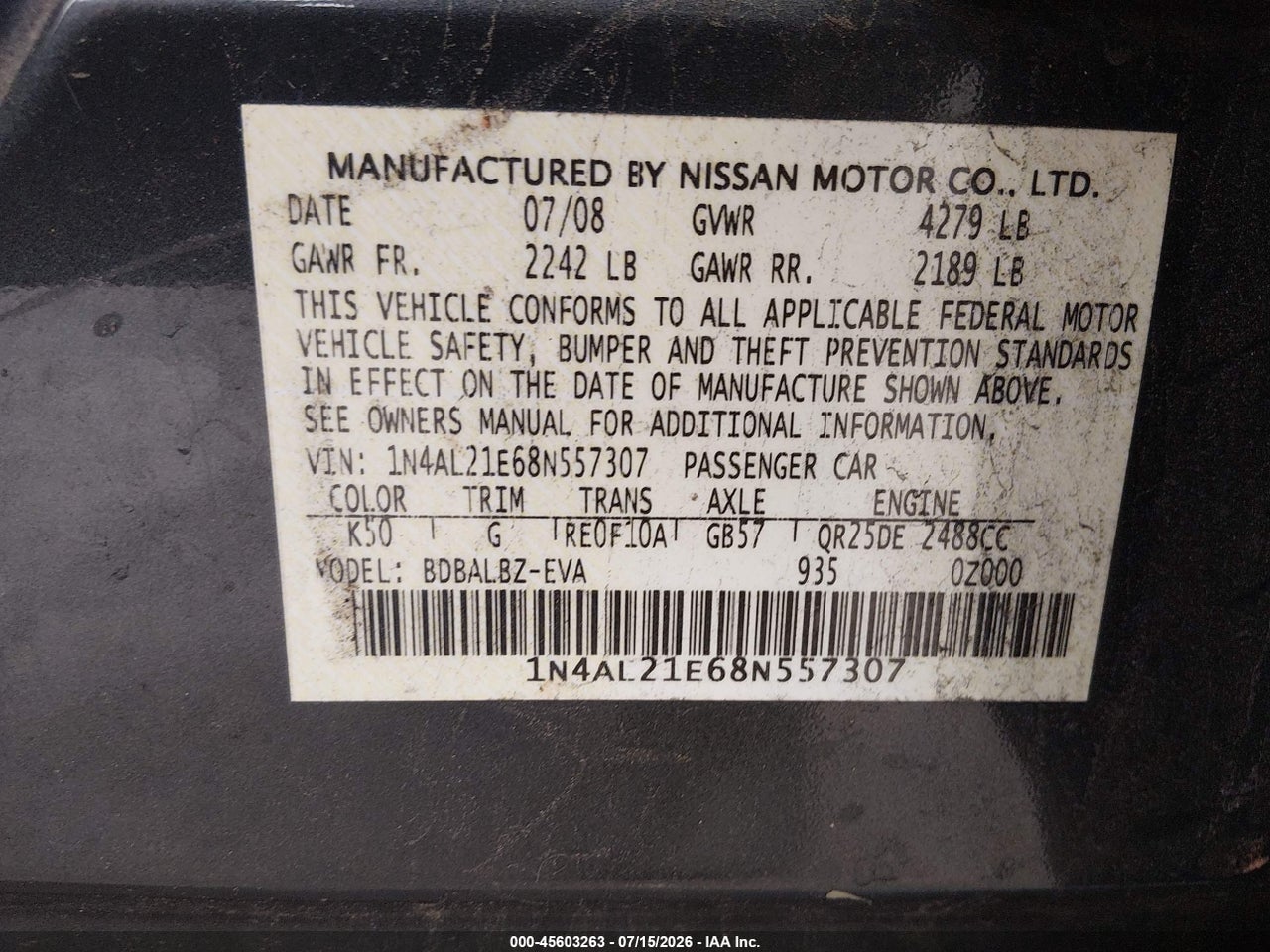 2008 NISSAN ALTIMA 2.5 S thumbnail 10