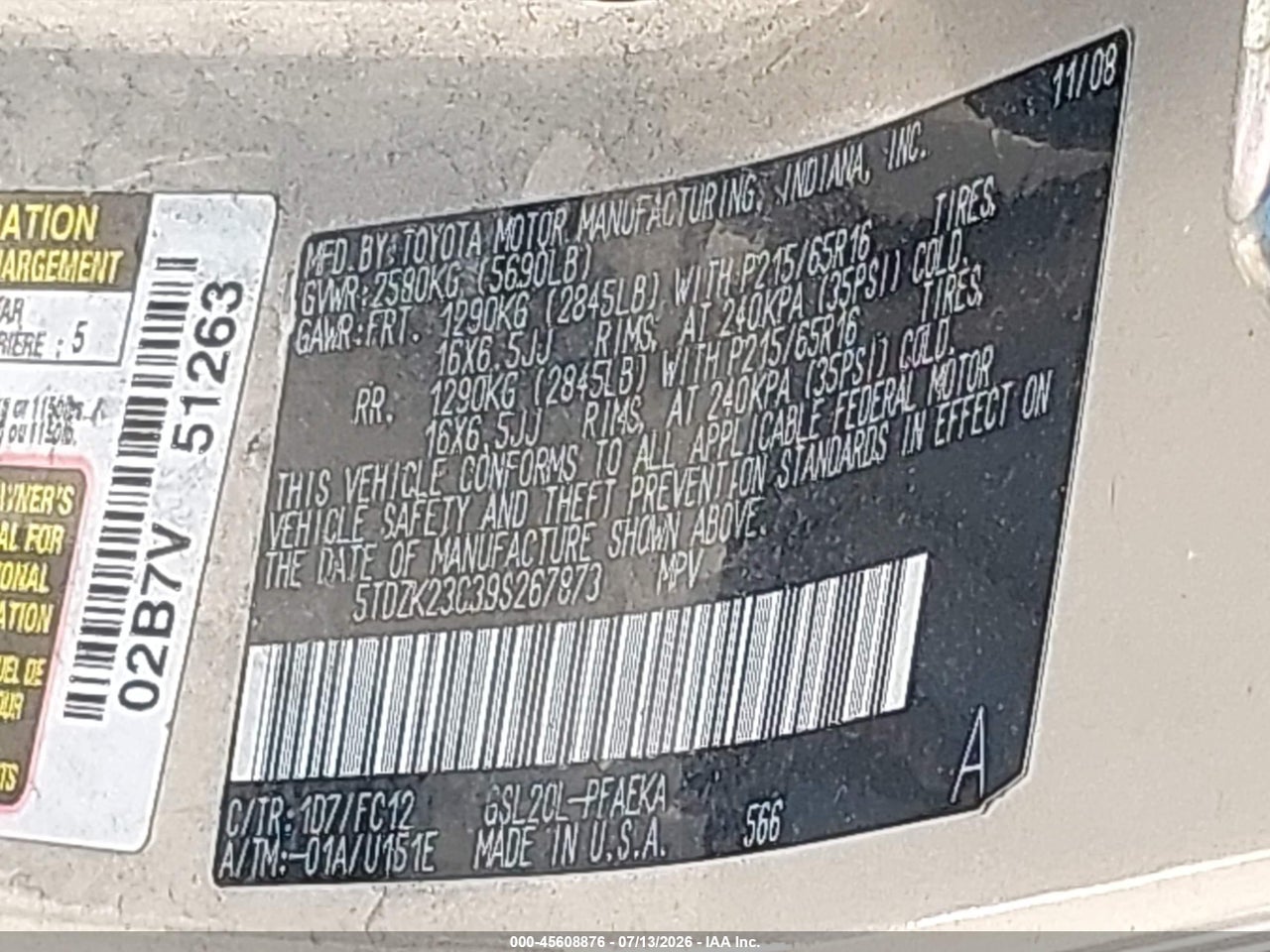 2009 TOYOTA SIENNA LE thumbnail 10