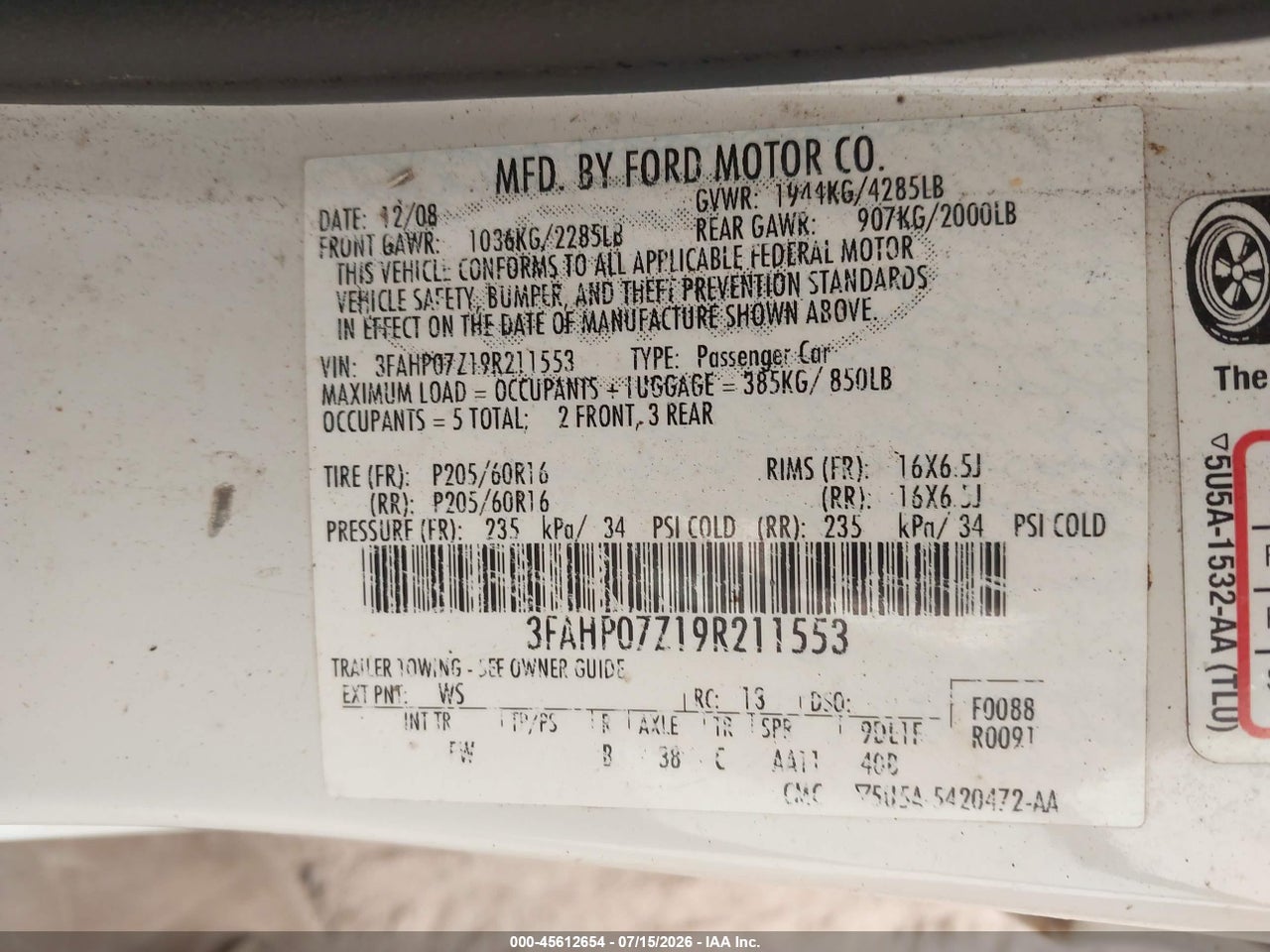 2009 FORD FUSION SE thumbnail 10