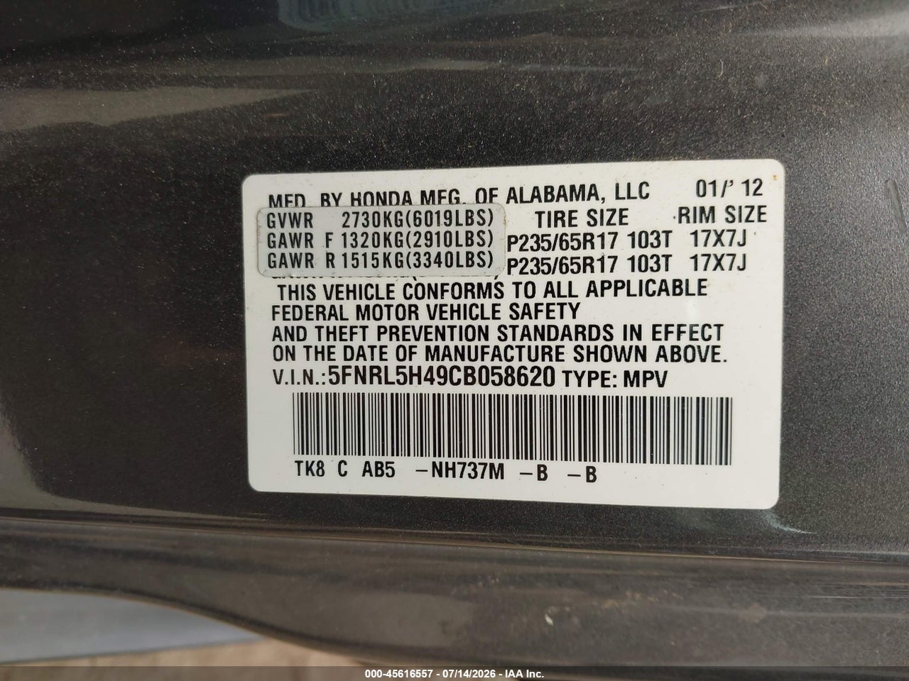 2012 HONDA ODYSSEY EX thumbnail 10
