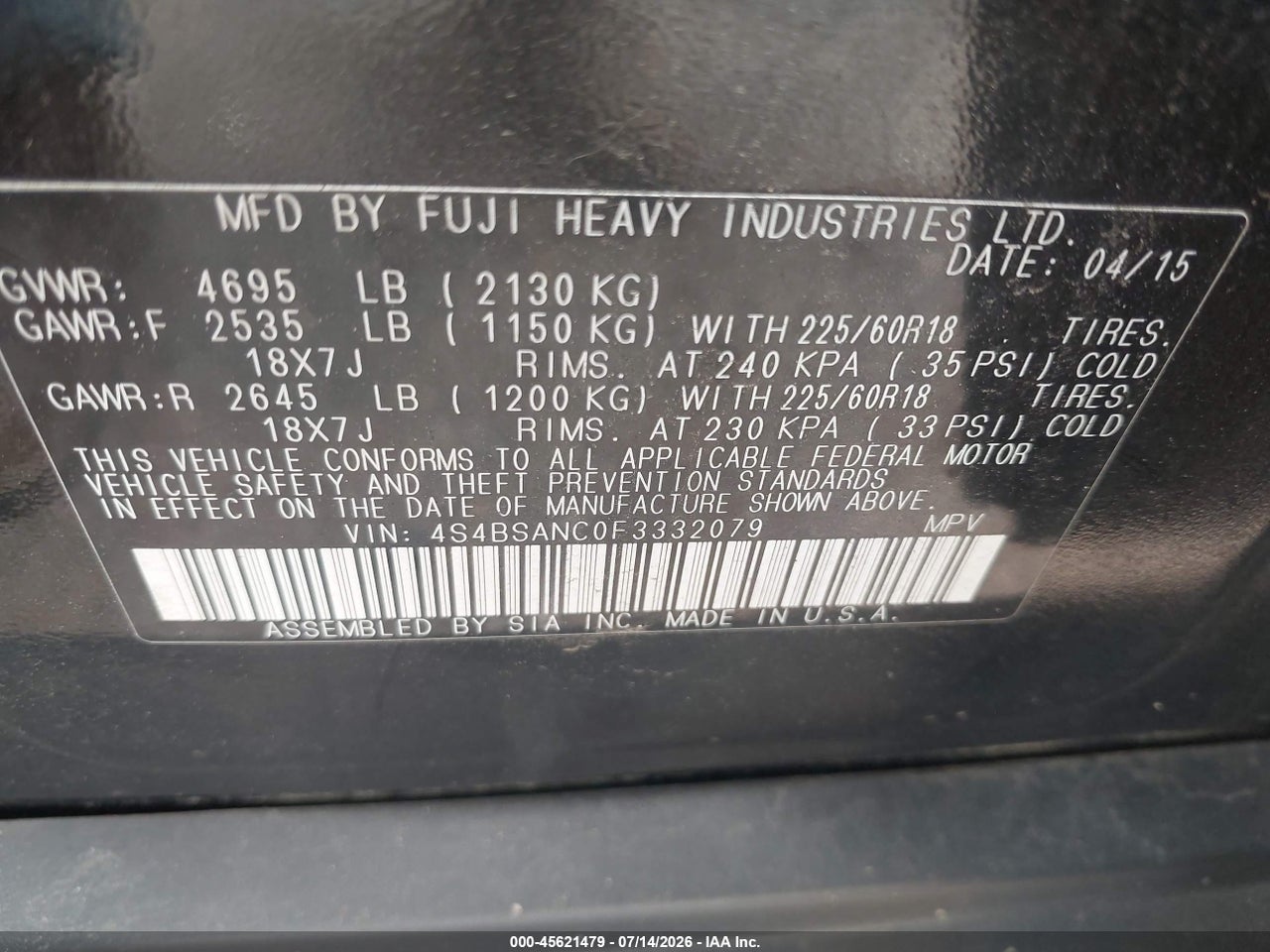 2015 SUBARU OUTBACK 2.5I LIMITED thumbnail 10