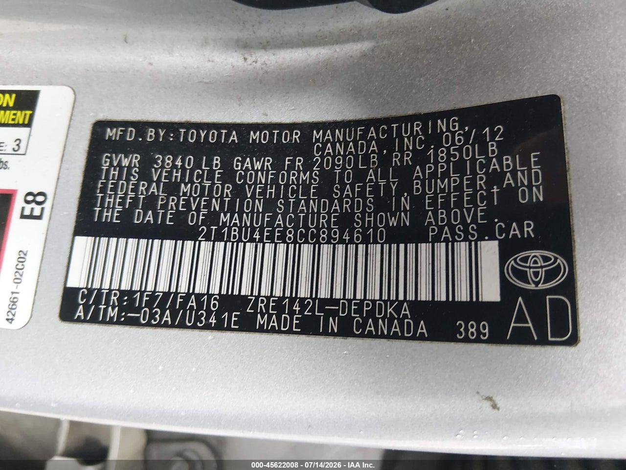 2012 TOYOTA COROLLA L thumbnail 10