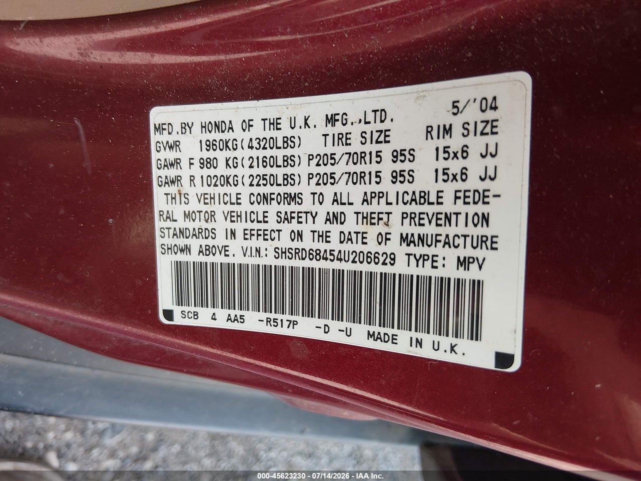 2004 HONDA CR-V LX thumbnail 10
