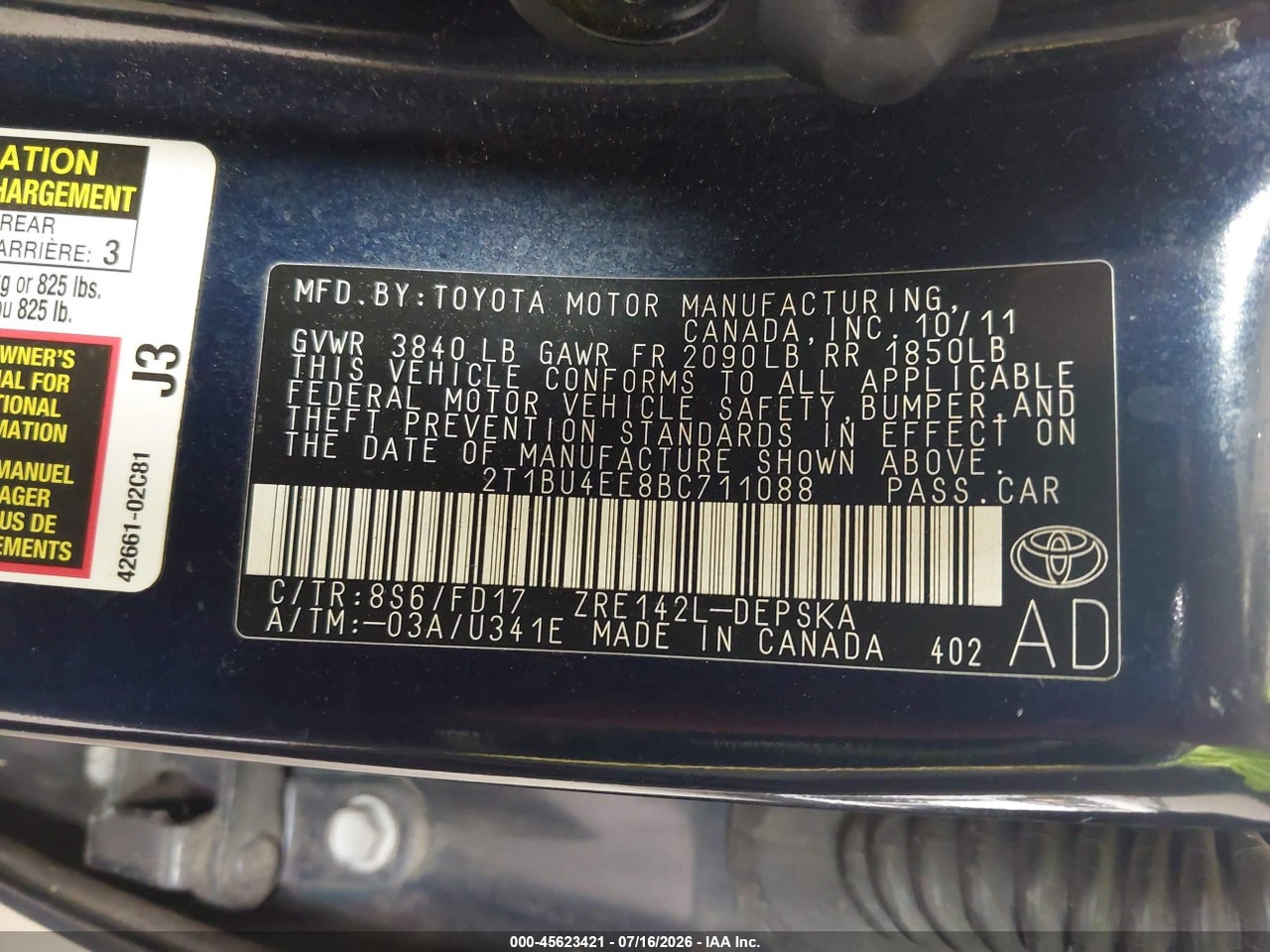 2011 TOYOTA COROLLA S thumbnail 10
