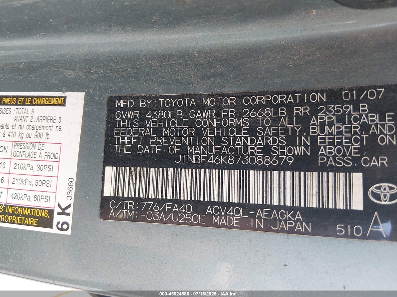 2007 TOYOTA CAMRY XLE thumbnail 10