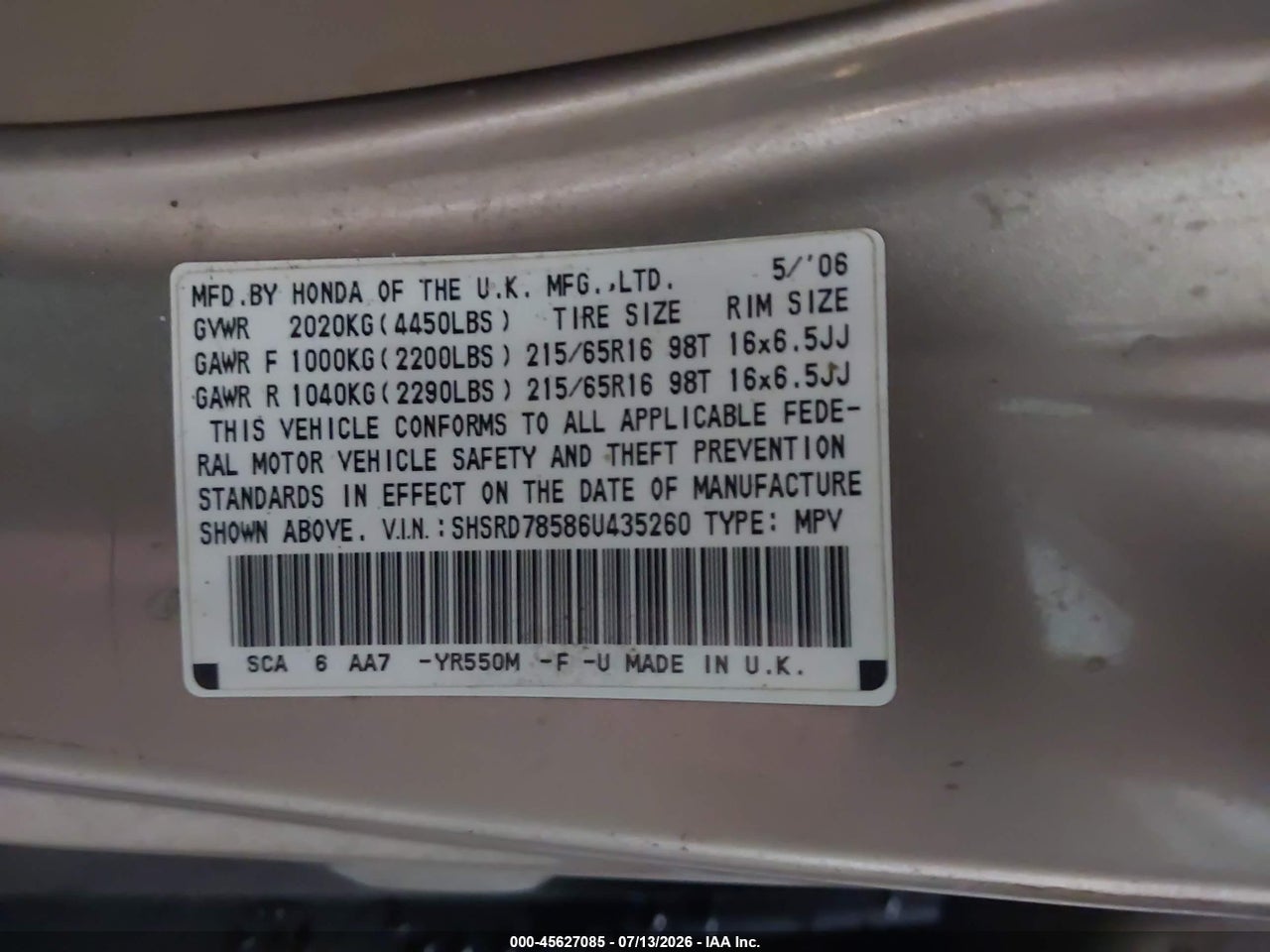 2006 HONDA CR-V LX thumbnail 10