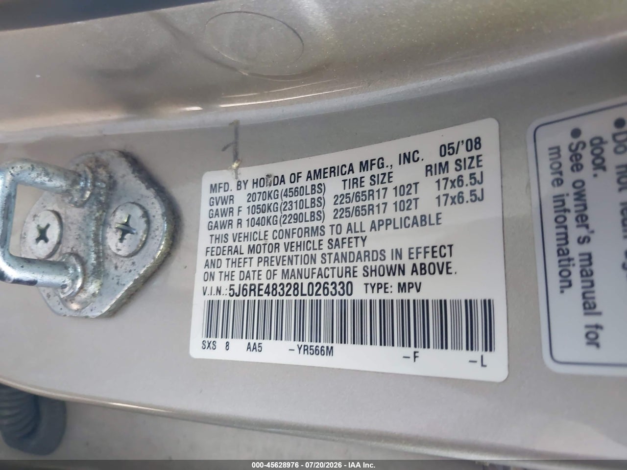 2008 HONDA CR-V LX thumbnail 10