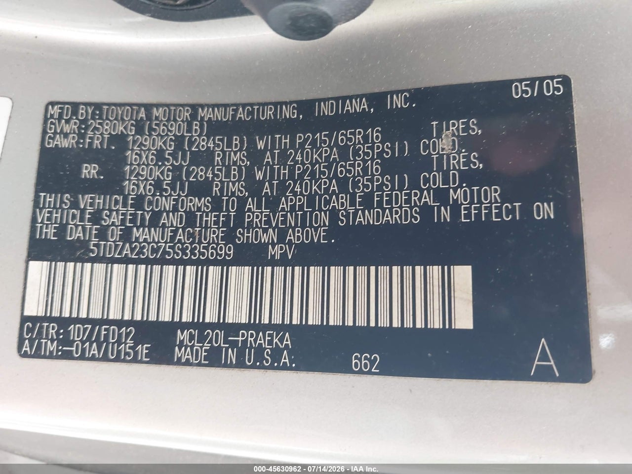 2005 TOYOTA SIENNA CE thumbnail 10