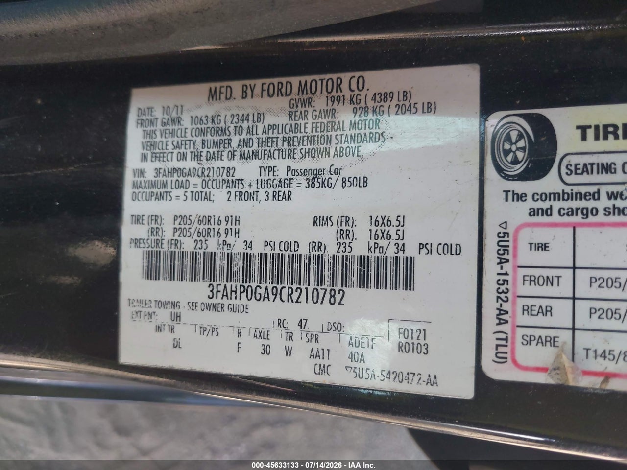 2012 FORD FUSION S thumbnail 10