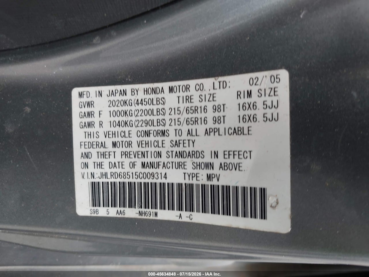 2005 HONDA CR-V LX thumbnail 10