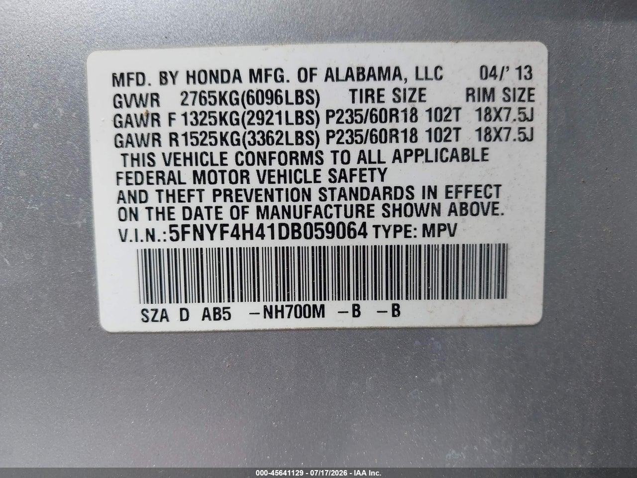 2013 HONDA PILOT EX thumbnail 10