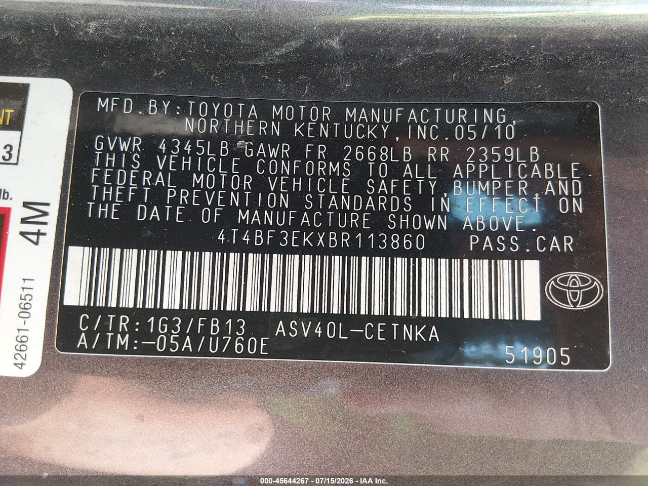 2011 TOYOTA CAMRY LE thumbnail 10