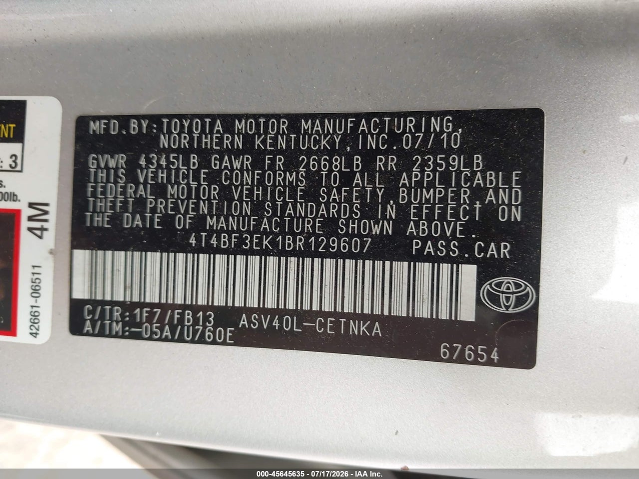 2011 TOYOTA CAMRY LE thumbnail 10