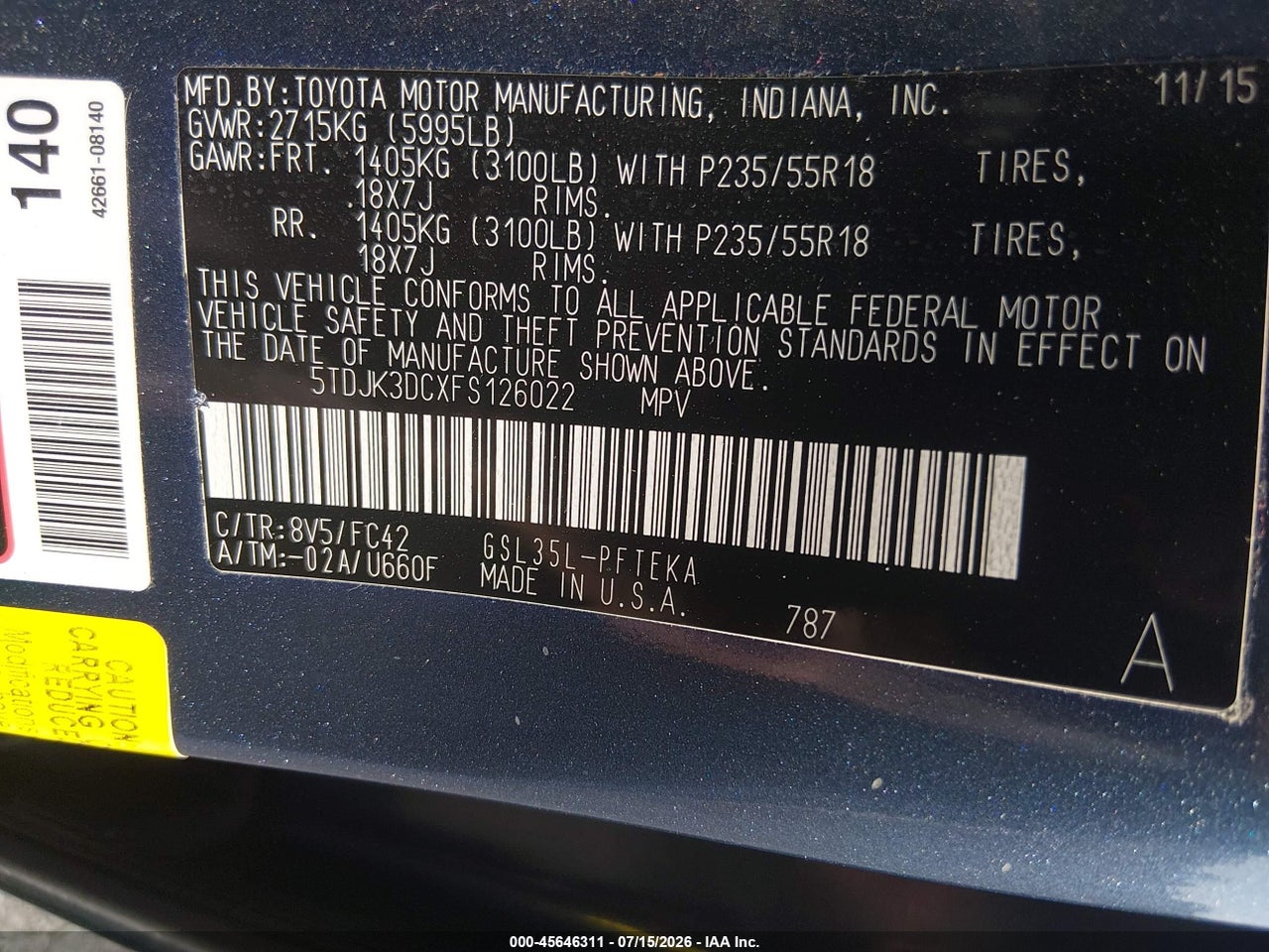 2015 TOYOTA SIENNA LE 7 PASSENGER thumbnail 10