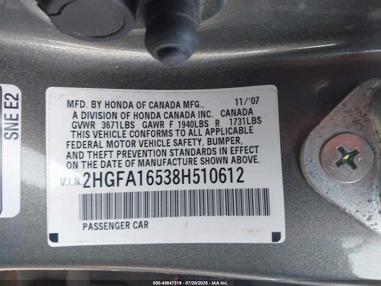 2008 HONDA CIVIC LX thumbnail 10