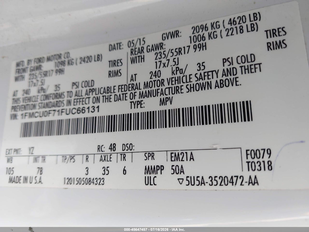 2015 FORD ESCAPE S thumbnail 10