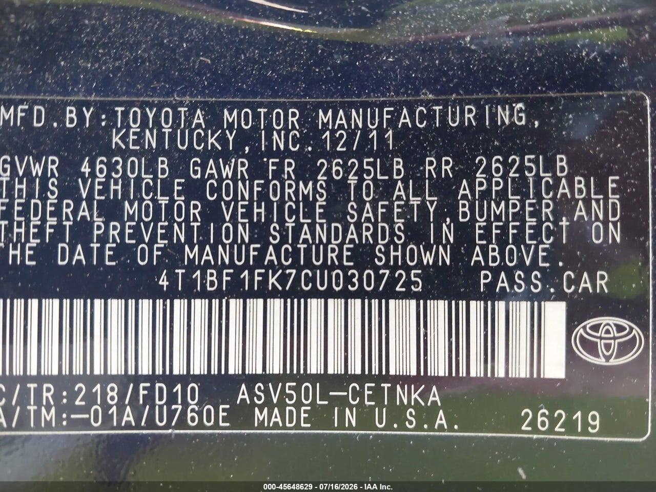 2012 TOYOTA CAMRY LE thumbnail 10