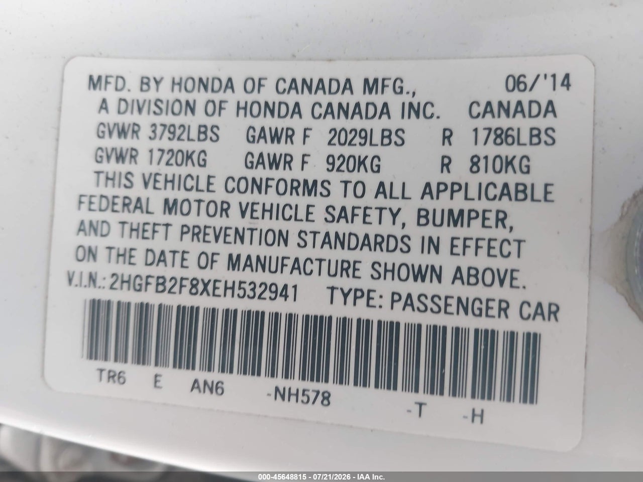 2014 HONDA CIVIC EX thumbnail 10