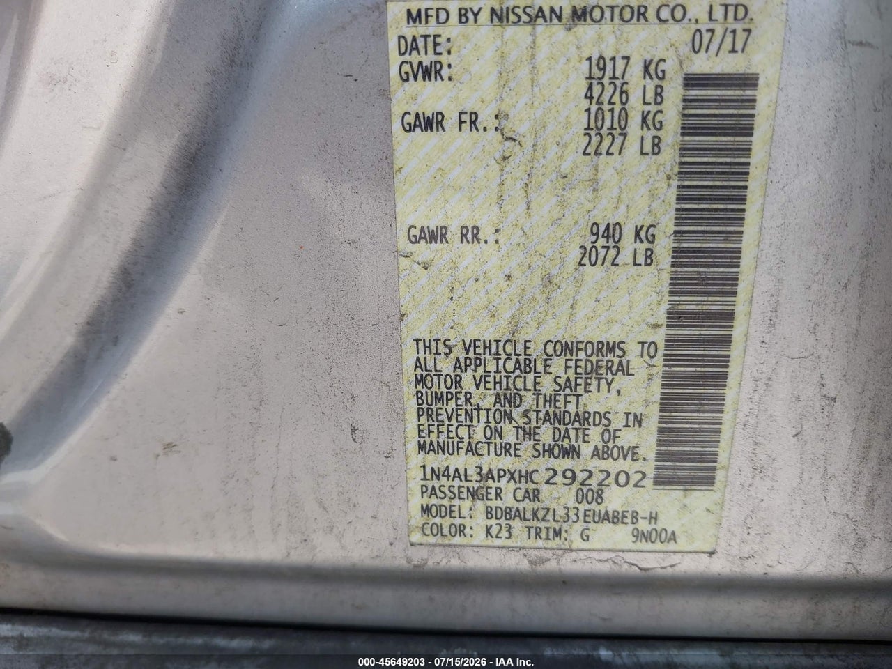 2017 NISSAN ALTIMA 2.5 SV thumbnail 10