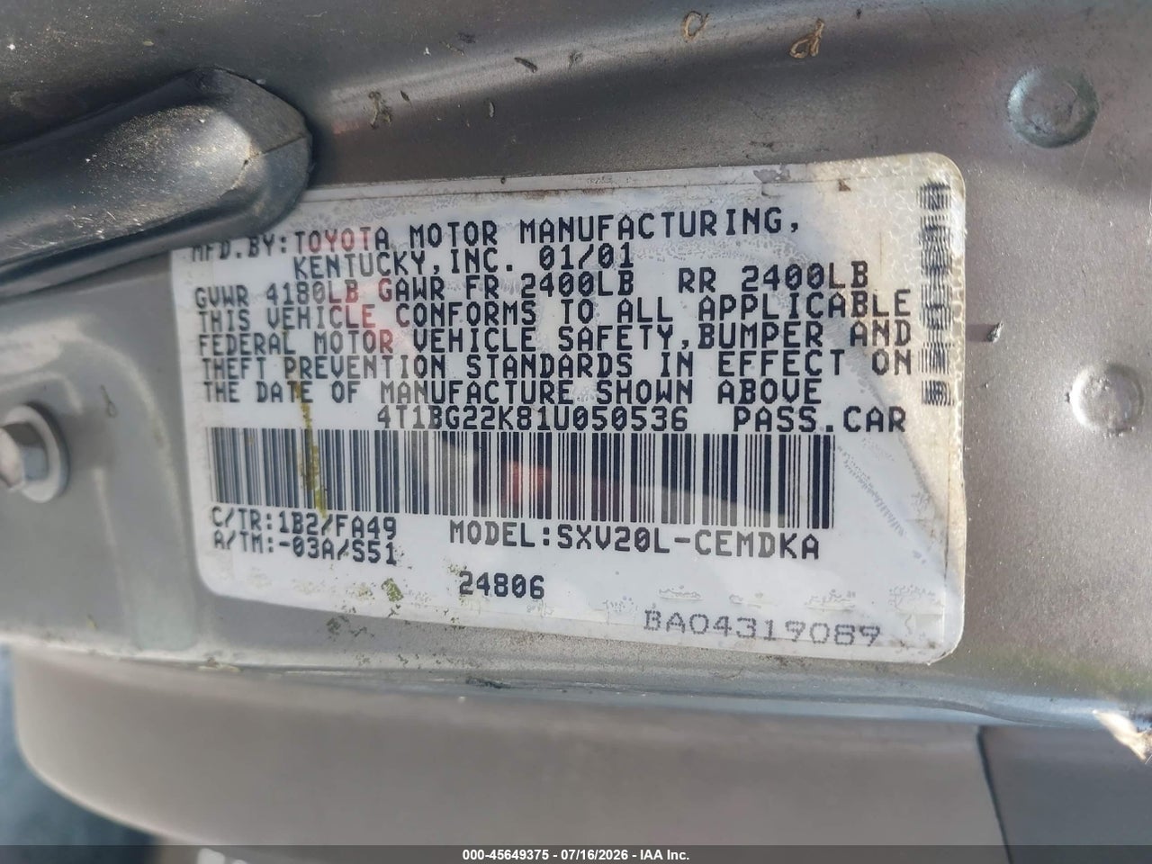 2001 TOYOTA CAMRY CE thumbnail 10