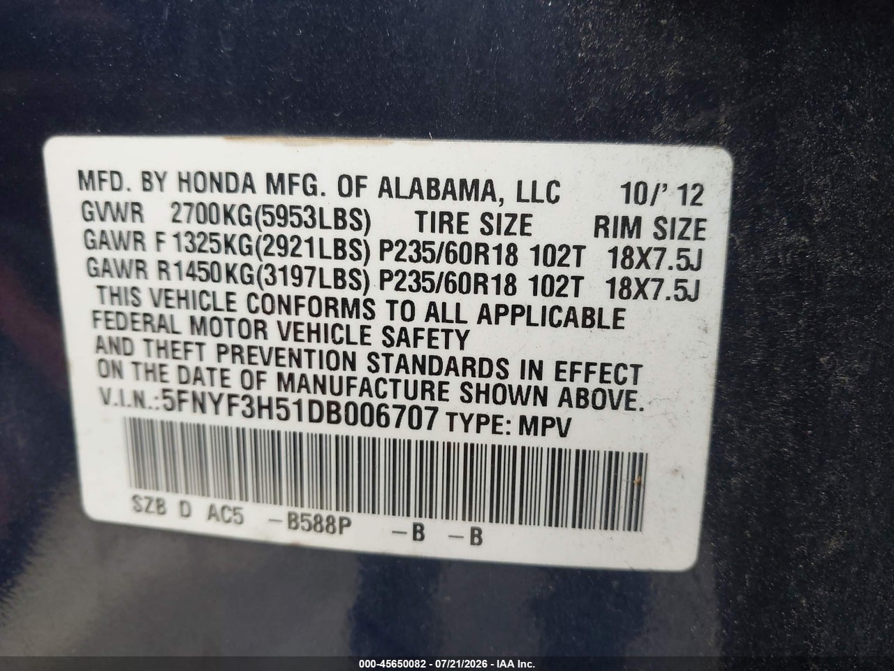 2013 HONDA PILOT EX-L thumbnail 10
