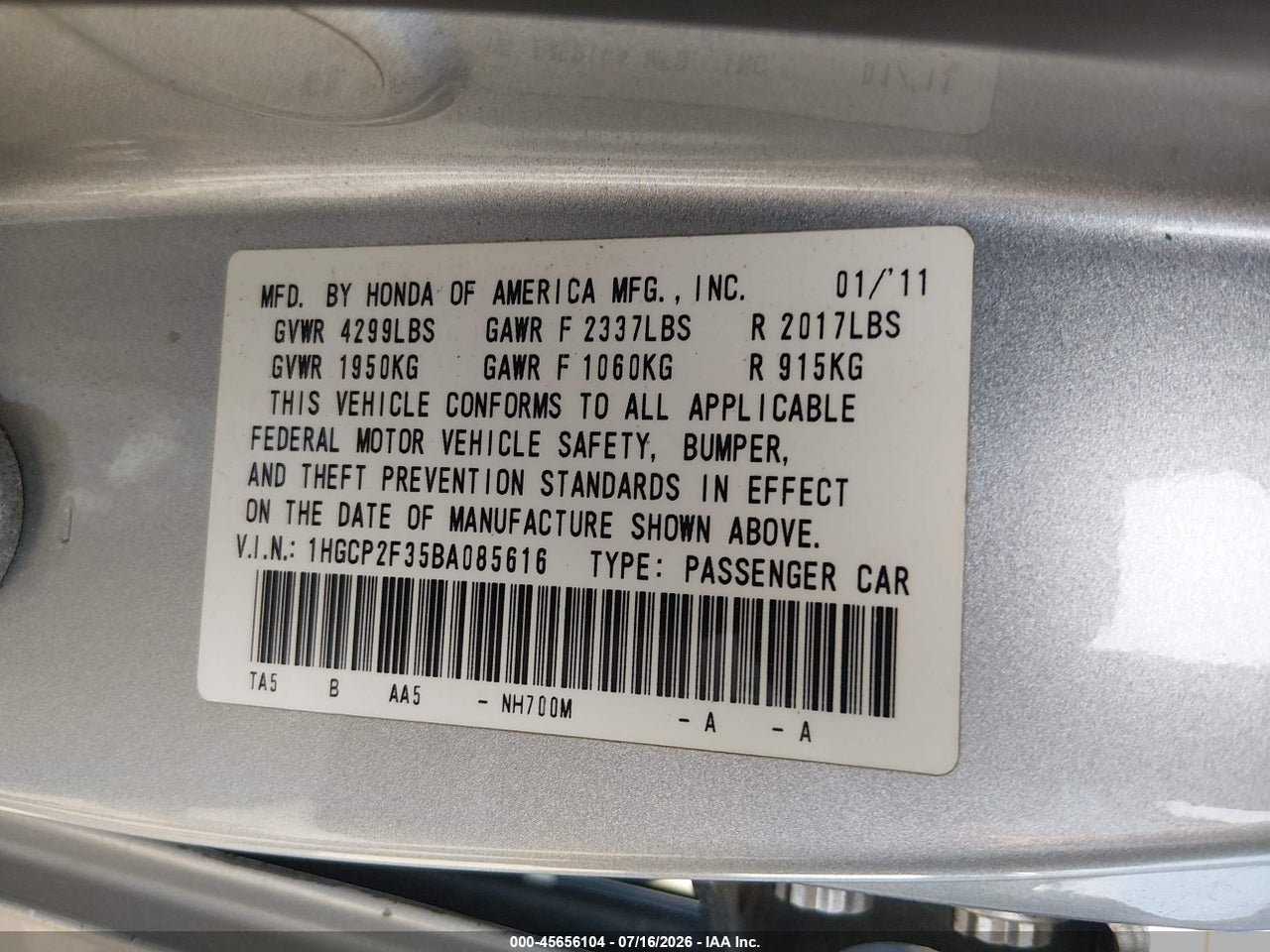 2011 HONDA ACCORD 2.4 LX thumbnail 10