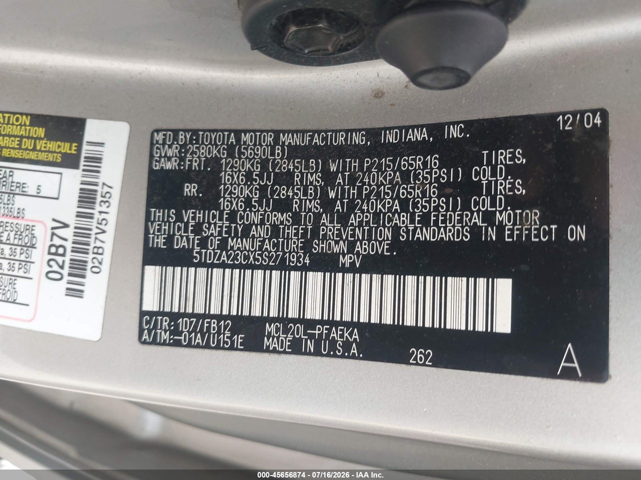 2005 TOYOTA SIENNA LE thumbnail 10
