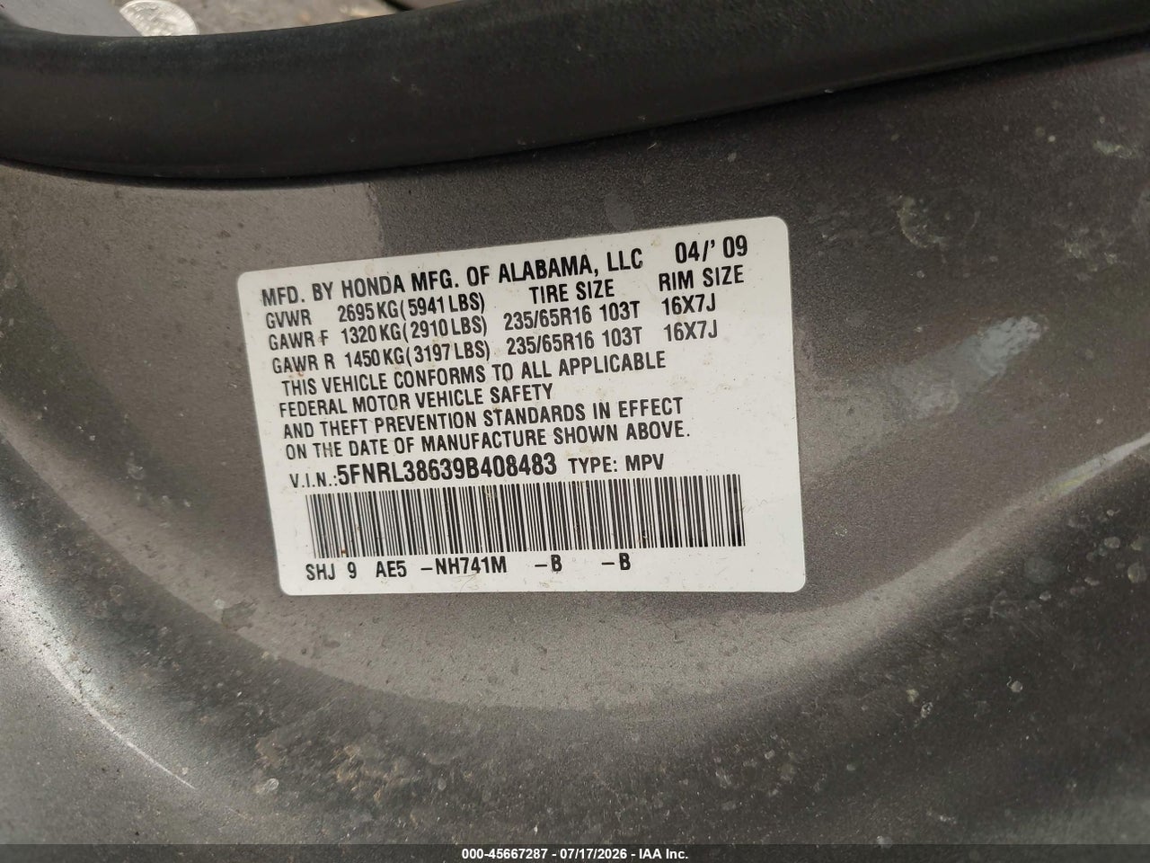 2009 HONDA ODYSSEY EX-L thumbnail 10