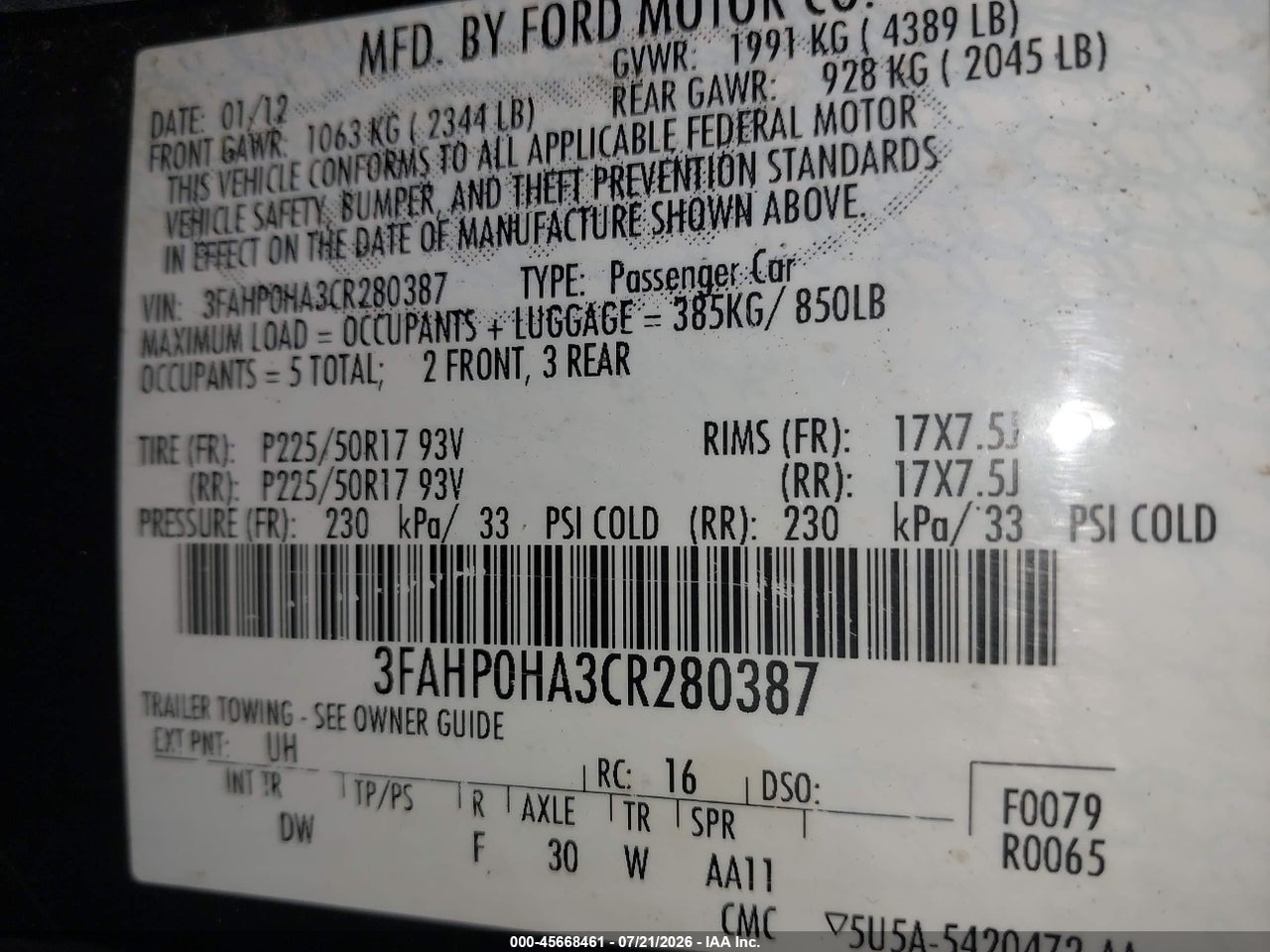 2012 FORD FUSION SE thumbnail 10