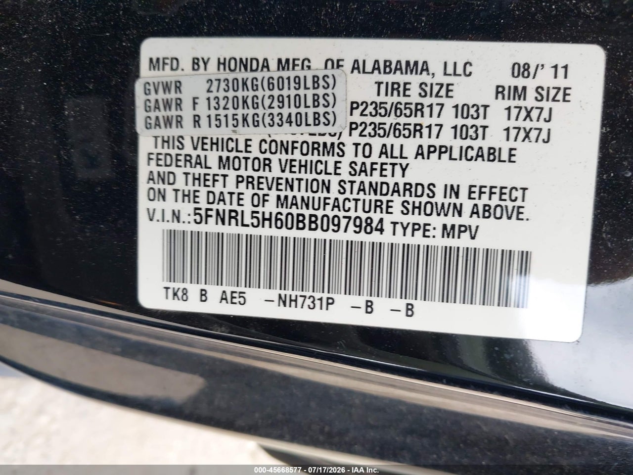 2011 HONDA ODYSSEY EX-L thumbnail 10