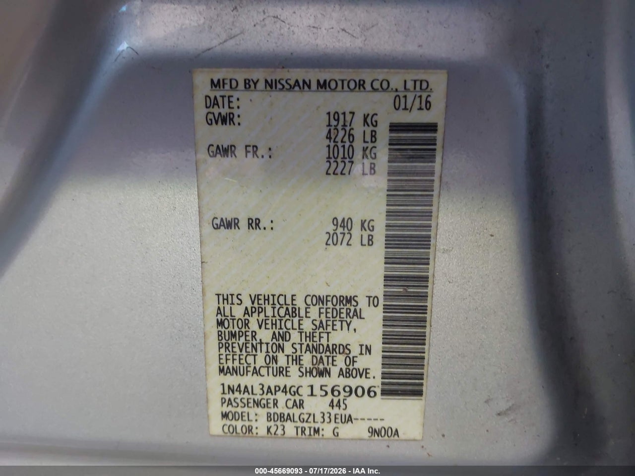 2016 NISSAN ALTIMA 2.5/2.5 S/2.5 SL/2.5 SR/2.5 SV thumbnail 10